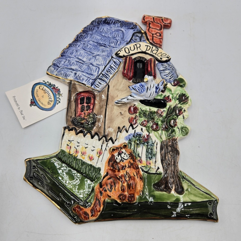 VTG New Blue Sky Our Place Wall Hanging Ceramic Heather Goldminc Cat Bird 3D